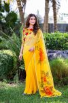 LATEST GEORGETTE LACE BORDER WORK SAREE WITH UNSTITCHED BLOUSE YELLOW