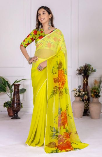 LATEST GEORGETTE LACE BORDER WORK SAREE WITH UNSTITCHED BLOUSE LEMON
