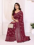 LATEST GEORGETTE SILK PLAIN SAREE WITH FOIL WORK SAREE WITH UNSTITCHED BLOUSE MAROON