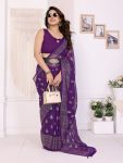 LATEST GEORGETTE SILK PLAIN SAREE WITH FOIL WORK SAREE WITH UNSTITCHED BLOUSE PURPLE