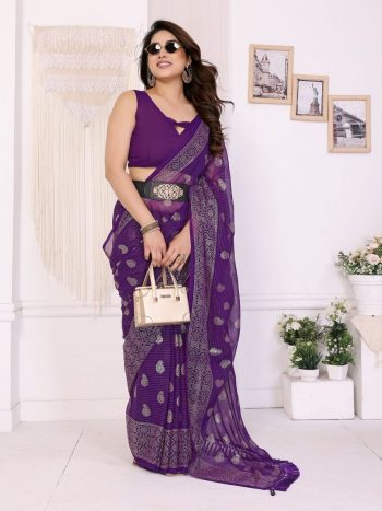 LATEST GEORGETTE SILK PLAIN SAREE WITH FOIL WORK SAREE WITH UNSTITCHED BLOUSE PURPLE