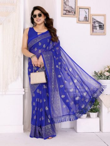 LATEST GEORGETTE SILK PLAIN SAREE WITH FOIL WORK SAREE WITH UNSTITCHED BLOUSE BLUE
