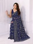 LATEST GEORGETTE SILK PLAIN SAREE WITH FOIL WORK SAREE WITH UNSTITCHED BLOUSE NAVY BLUE