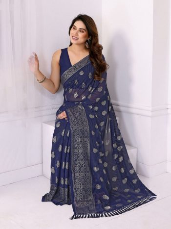 LATEST GEORGETTE SILK PLAIN SAREE WITH FOIL WORK SAREE WITH UNSTITCHED BLOUSE NAVY BLUE