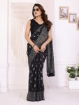 LATEST GEORGETTE SILK PLAIN SAREE WITH FOIL WORK SAREE WITH UNSTITCHED BLOUSE BLACK