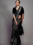 LATEST LICHI SILK WEAVING WORK SAREE WITH UNSTITCHED BLOUSE BLACK