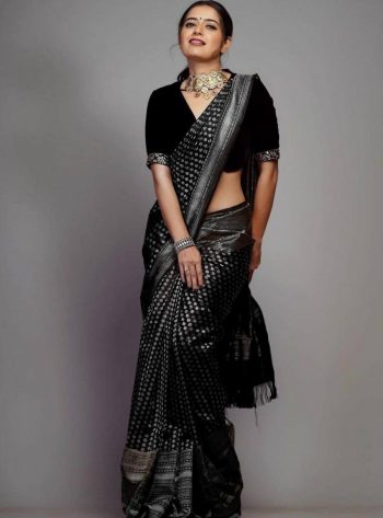 LATEST LICHI SILK WEAVING WORK SAREE WITH UNSTITCHED BLOUSE BLACK