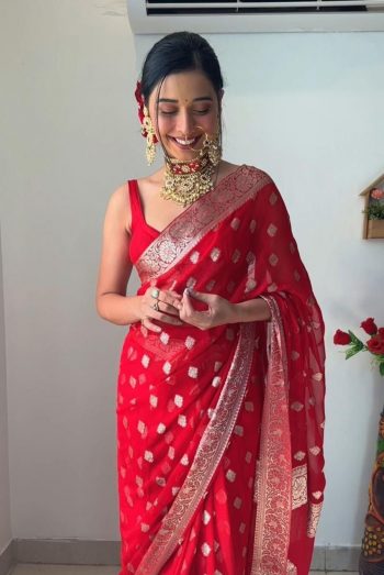 LATEST  LINEN SLUB  WEAVING WORK SAREE WITH UNSTITCHED BLOUSE RED
