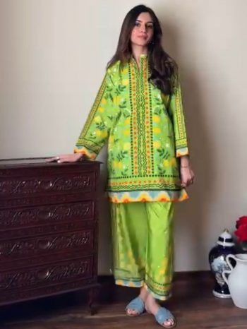 LATEST NATURAL CREPE DIGITAL PRINT WORK TOP PALAZZO SET PARROT GREEN