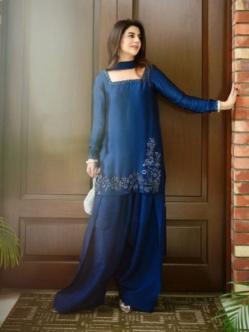 LATEST NATURAL CREPE SILK EMBROIDERY SEQUENCE WORK TOP PATIYALA WITH DUPATTA NAVY BLUE