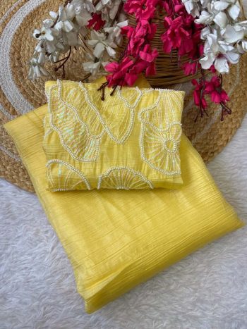 LATEST SOFT CANDY CRUSH BITS WORK SAREE WITH UNSTITCHED BLOUSE YELLOW