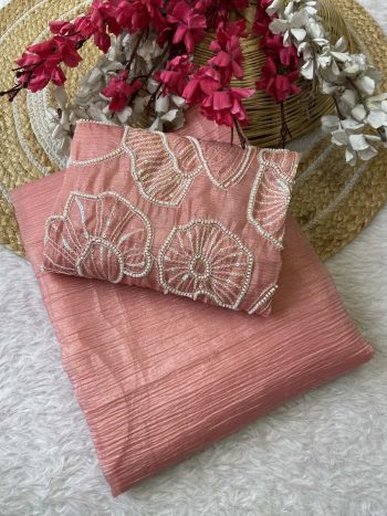 LATEST SOFT CANDY CRUSH BITS WORK SAREE WITH UNSTITCHED BLOUSE BABY PINK