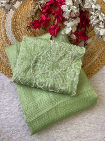 LATEST SOFT CANDY CRUSH BITS WORK SAREE WITH UNSTITCHED BLOUSE PERROT GREEN
