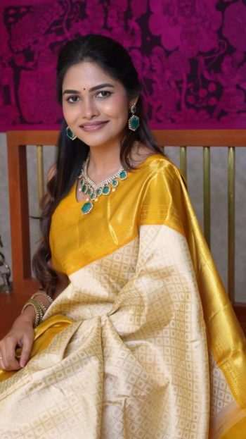 LATEST SOFT LICHI SILK JACQUARD WORK SAREE WITH UNSTITCHED BLOUSE CREAM