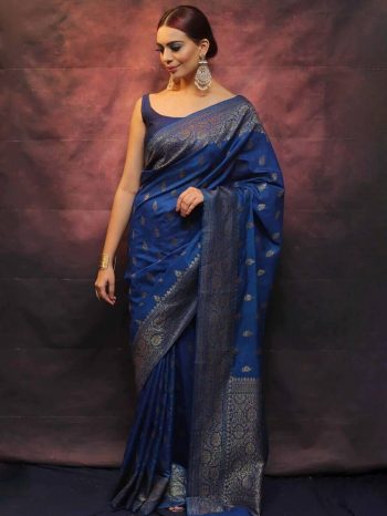 LATEST SOFT LICHI SILK  JACQUARD WORK SAREE WITH UNSTITCHED BLOUSE TEAL