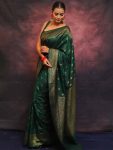LATEST SOFT LICHI SILK  JACQUARD WORK SAREE WITH UNSTITCHED BLOUSE GREEN