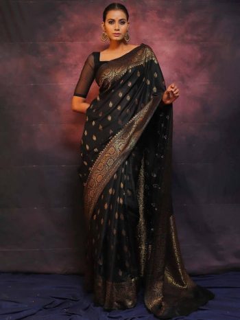 LATEST SOFT LICHI SILK  JACQUARD WORK SAREE WITH UNSTITCHED BLOUSE BLACK