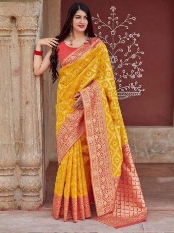 LATEST SOFT LICHI SILK JACQUARD WORK SAREE WITH UNSTITCHED BLOUSE YELLOW