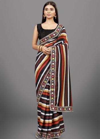 LATEST VICHITRA SILK DIGITAL PRINTED EMBROIDERY THREAD WITH 5 MM SEQUENCE BORDER WORK SAREE WITH STITCHED BLOUSE MULTI