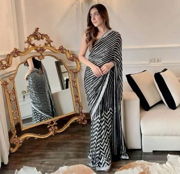 LUXURY GEORGETTE EMBROIDERY  SEQUENCE WORK LACE WITH PIPING SAREE WITH UNSTITCHED BLOUSE BLACK