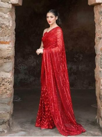 LUXURY GEORGETTE EMBROIDERY  SEQUENCE WORK LACE WITH PIPING SAREE WITH UNSTITCHED BLOUSE RED