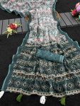 LUXURY HANDLOOM LINEN COTTON DIGITAL PRINTED SAREE WITH UNSTITCHED BLOUSE TEAL