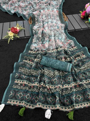 LUXURY HANDLOOM LINEN COTTON DIGITAL PRINTED SAREE WITH UNSTITCHED BLOUSE TEAL