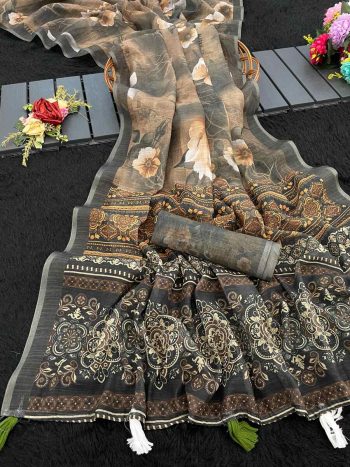 LUXURY HANDLOOM LINEN COTTON DIGITAL PRINTED SAREE WITH UNSTITCHED BLOUSE BROWN
