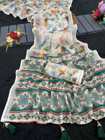 LUXURY HANDLOOM LINEN COTTON DIGITAL PRINTED SAREE WITH UNSTITCHED BLOUSE OFF WHITE