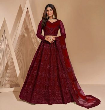 LUXURY NET CHAIN  DESIGN WORK LEHENGA CHOLI WITH DUPATTA MAROON