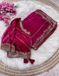 LUXURY PURE JIMMY CHOO SATIN SEQUENCE ZARI WORK SAREE WITH STITCHED BLOUSE RANI