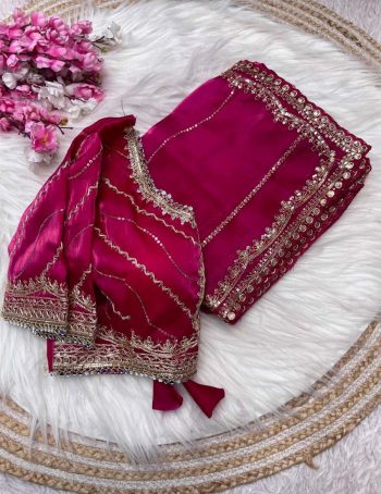 LUXURY PURE JIMMY CHOO SATIN SEQUENCE ZARI WORK SAREE WITH STITCHED BLOUSE RANI