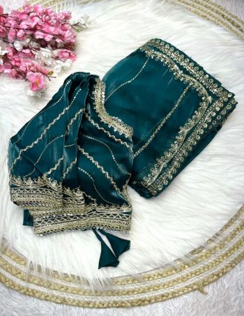 LUXURY PURE JIMMY CHOO SATIN SEQUENCE ZARI WORK SAREE WITH STITCHED BLOUSE TEAL