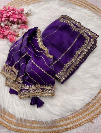 LUXURY PURE JIMMY CHOO SATIN SEQUENCE ZARI WORK SAREE WITH STITCHED BLOUSE PURPLE