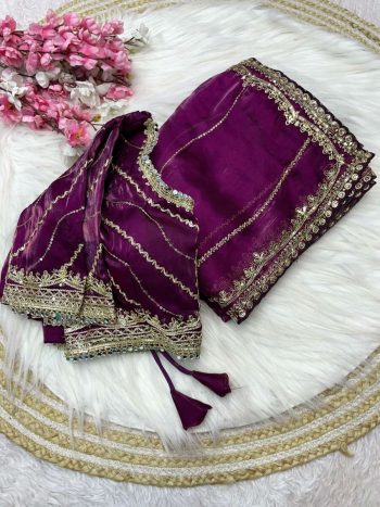 LUXURY PURE JIMMY CHOO SATIN SEQUENCE ZARI WORK SAREE WITH STITCHED BLOUSE VIOLET