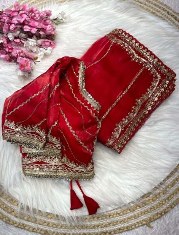 LUXURY PURE JIMMY CHOO SATIN SEQUENCE ZARI WORK SAREE WITH STITCHED BLOUSE RED