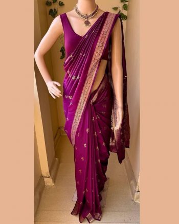 LUXURY SOFT LICHI SILK  JACQUARD WORK SAREE WITH UNSTITCHED BLOUSE WINE