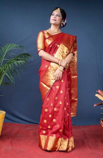 LUXURY SOFT LICHI SILK JACQUARD WORK SAREE WITH UNSTITCHED BLOUSE RED