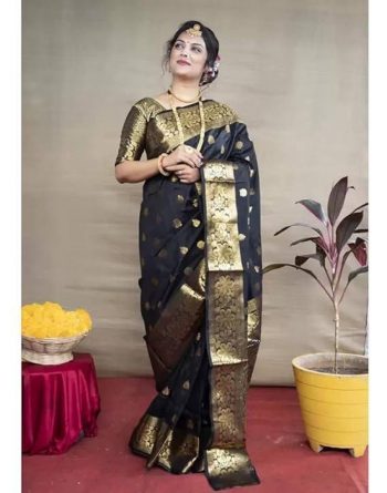 LUXURY SOFT LICHI SILK JACQUARD WORK SAREE WITH UNSTITCHED BLOUSE BLACK