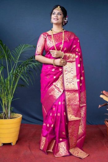 LUXURY SOFT LICHI SILK JACQUARD WORK SAREE WITH UNSTITCHED BLOUSE RANI