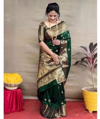 LUXURY SOFT LICHI SILK JACQUARD WORK SAREE WITH UNSTITCHED BLOUSE GREEN