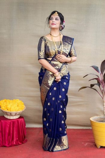 LUXURY SOFT LICHI SILK JACQUARD WORK SAREE WITH UNSTITCHED BLOUSE NAVY BLUE