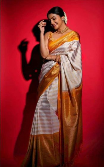 LUXURY SOFT LICHI SILK  JACQUARD WORK SAREE WITH UNSTITCHED BLOUSE CREAM