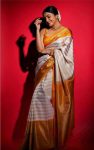 LUXURY SOFT LICHI SILK  JACQUARD WORK SAREE WITH UNSTITCHED BLOUSE CREAM