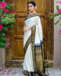 LUXURY SOFT LICHI SILK  JACQUARD WORK  SAREE WITH UNSTITCHED BLOUSE WHITE