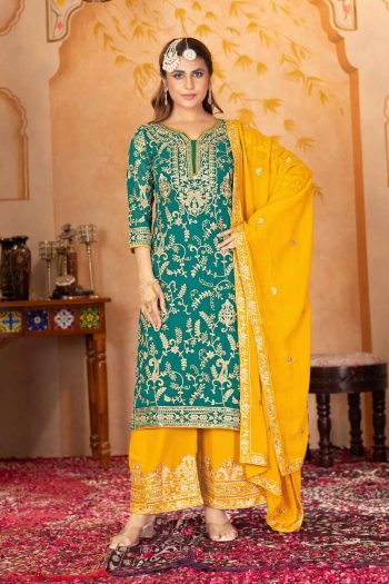 MODERN FUAX GEORGETTE EMBROIDERY SEQUENCE WORK TOP PALAZZO WITH DUPATTA RAMA