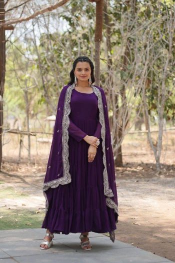 MODERN GEORGETTE PLAIN FRILL WORK GOWN WITH  SEQUENCE EMBROIDERY WORK DUPATTA PURPLE