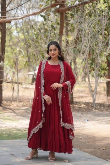 MODERN GEORGETTE PLAIN FRILL WORK GOWN WITH  SEQUENCE EMBROIDERY WORK DUPATTA  MAROON