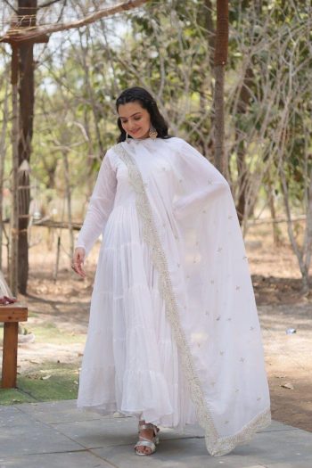 MODERN GEORGETTE PLAIN FRILL WORK GOWN WITH  SEQUENCE EMBROIDERY WORK DUPATTA  WHITE