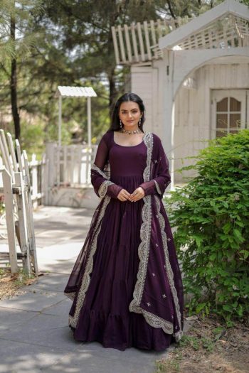MODERN GEORGETTE PLAIN FRILL WORK GOWN WITH  SEQUENCE EMBROIDERY WORK DUPATTA  WINE